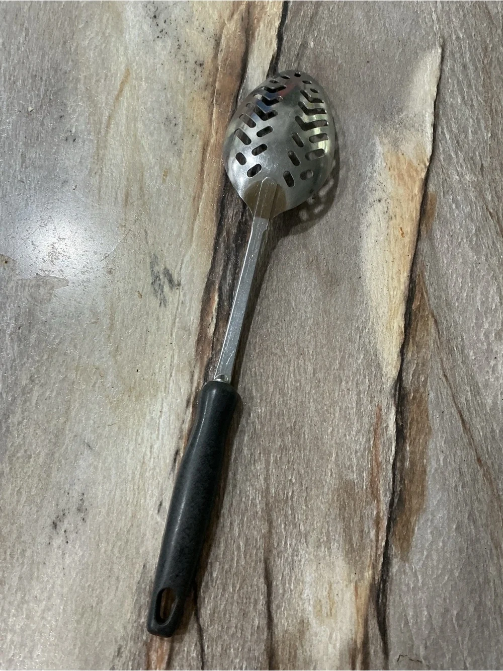 Vintage EKCO 12.5” Slotted Serving Spoon Stainless Steel Faux Wood Handle MCM